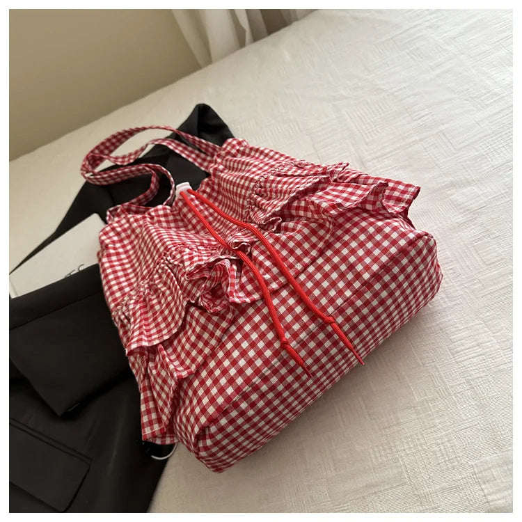 Large Capaci Cute Plaid Cotton Tote Bag  Lace Trim Women's Summer 2025 Simple Lady Handbag Soft Shoulder Bags Bolsa Feminina Pi-Mart