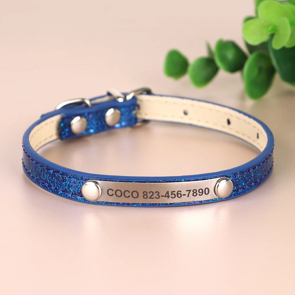 Personalized Cat Collar Custom Leather Cat Collars Free Engraved Puppy Kitten ID Necklace Bling Pet Collars for Small Dogs Cats Pi-Mart