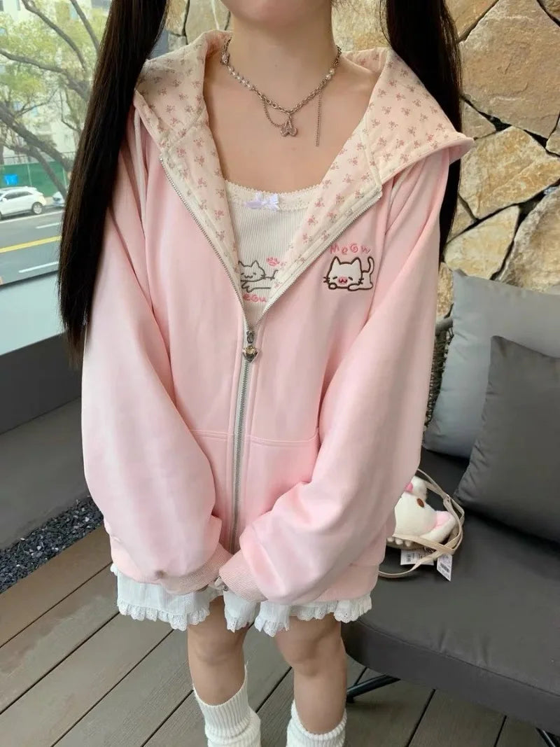 Y2k Hoodies Green Kawaii Cat Floral Print Hooded Zip-up Woman Sweatshirts Pink Thin Jacket Spring Fall Clothes Cute Streetwear LadyShow.Store