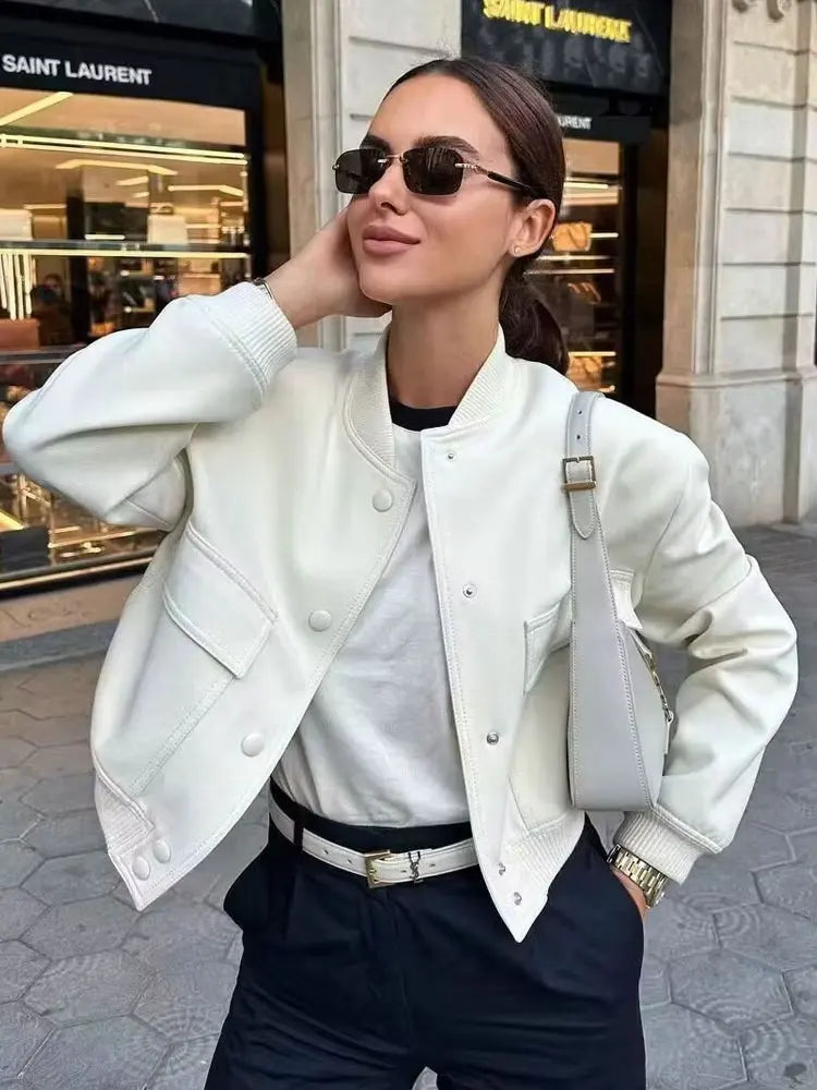 Women Fashion With Pockets Bomber Jacket Coats Vintage Long Sleeve Front Button Casual Female Outerwear Chic Tops LadyShow.Store