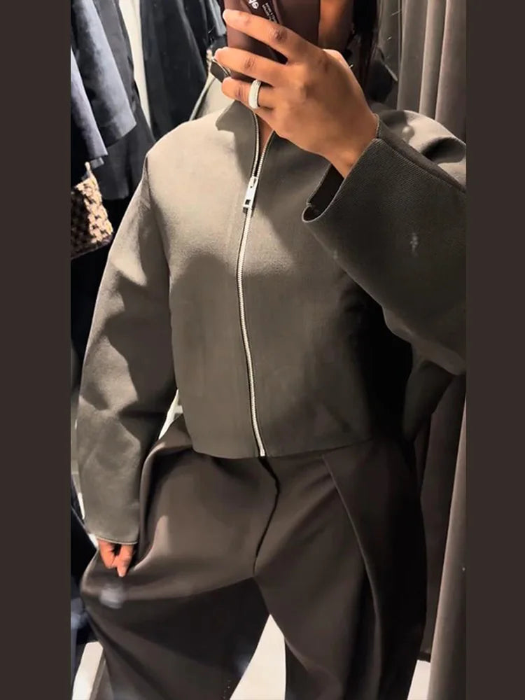 Vintage Stand Collar Women's Cropped Jacket Zipper Loose Full Sleeve Thick Warm Coat 2025 Autumn Winter Lady New in Outwear LadyShow.Store