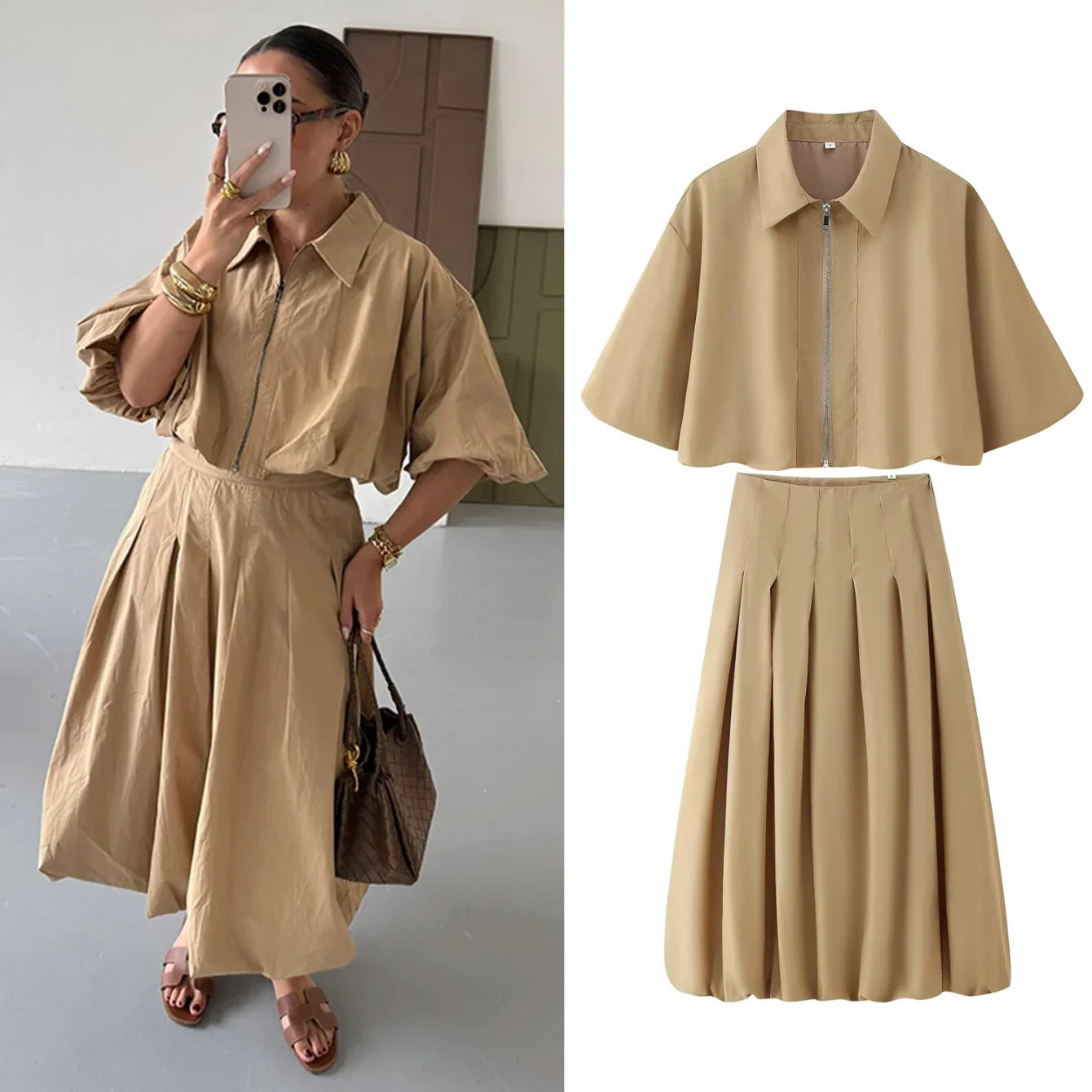 Women's Autumn New Short Zipper Jacket Short Sleeved Top High Waisted Pleated Lantern Flower Bud Half Skirt Set LadyShow.Store
