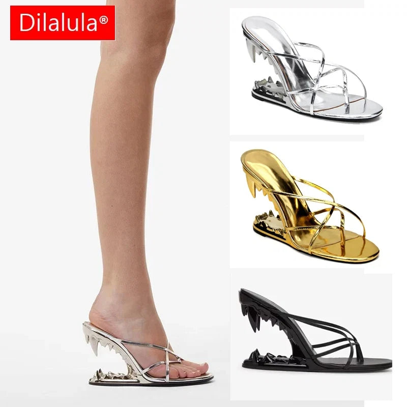 Dilalula Sexy Super High Strange Heel Slippers Women Flip Flops Narrow Band Sandals Lady Night Club Party Slippers Tiger Tooth LadyShow.Store