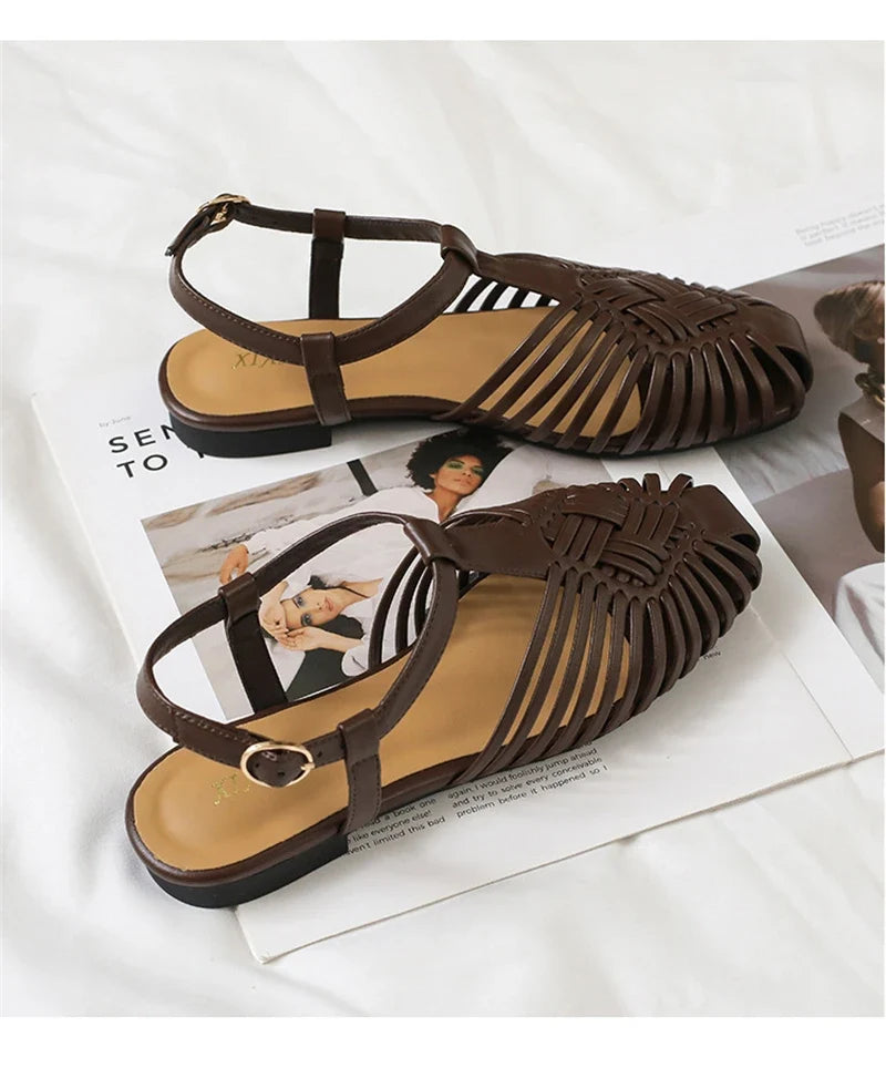ZAROY Summer Women Gladiator Sandals Flat Ankle Strap Narrow Band Roman Shoes Casual Beach Vacation Hollow Out Big Size Sandalia LadyShow.Store