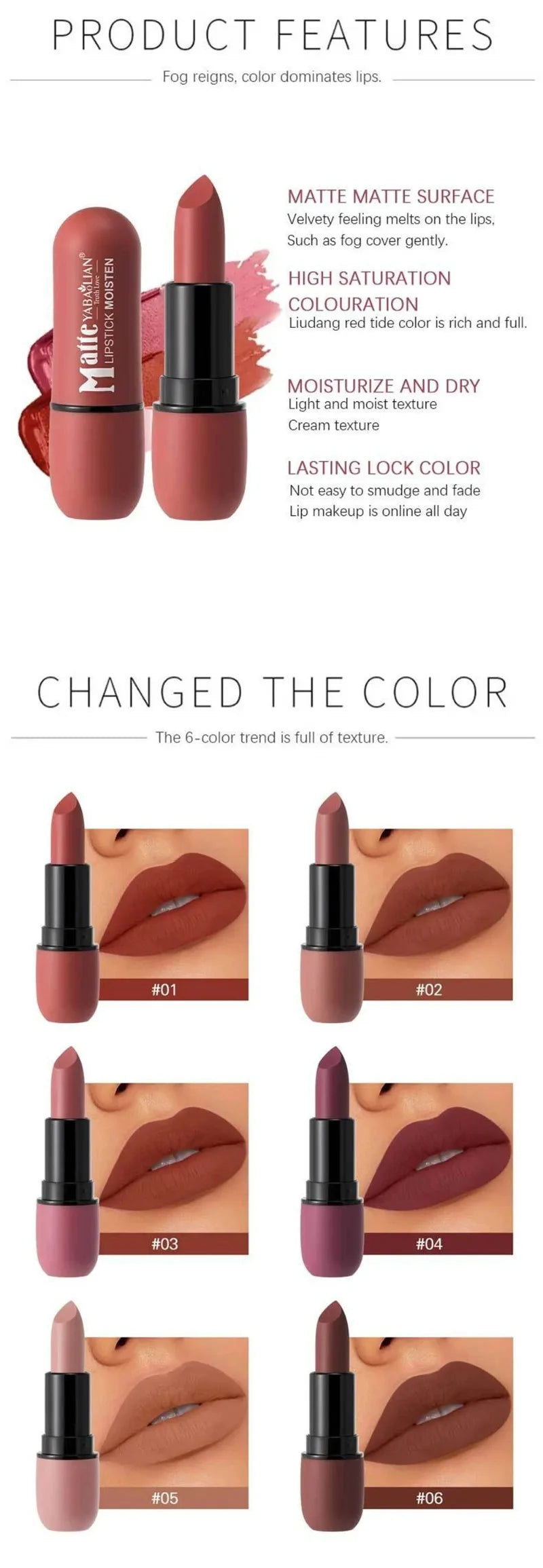6-Color Matte Velvet Sexy Lipstick Waterproof Long-Lasting Nude Brown Lipstick Smooth High Pigment Profissional Lipgloss Makeup Pi-Mart