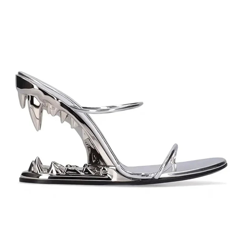 2026 Summer New Metal Tiger Teeth Single Shoes, High Heels, Fashion Show, Women's Wear, Size 44 Women's Sandals LadyShow.Store