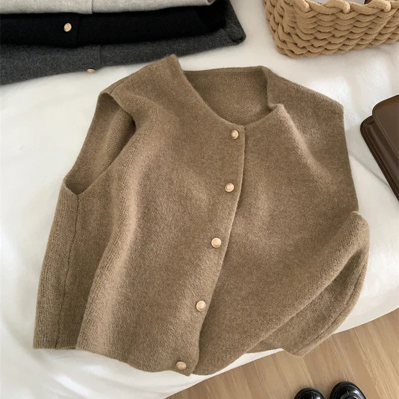 Women Sweater Vest Gold Button Up Waistcoat Soft Knitted Sleeveless Cardigan Jacket Top Fall Winter Korean Ladies Chic Outfit LadyShow.Store