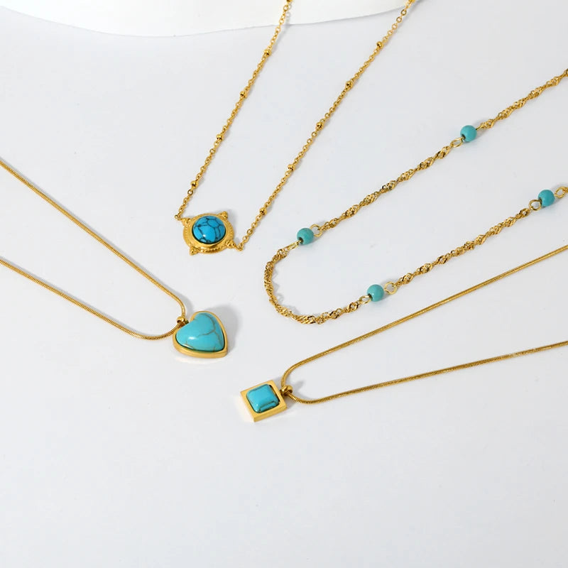 Stylish 18k Gold Plated Stainless Steel Blue Natural Stone Geometric Pendant Necklace for Women Waterproof  Collar Jewelry Gift Pi-Mart
