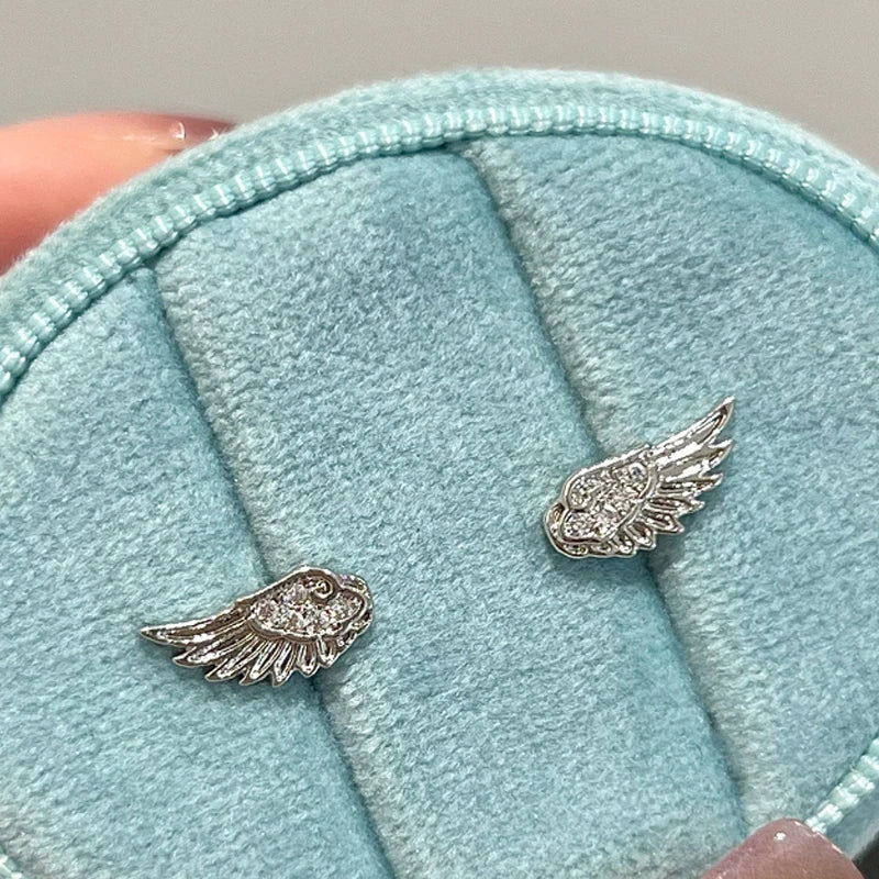 Fashion Zircon Wing Stud Earrings for Women Luxury Shiny Crystal Creative Angel Wings Cross Silver Color Ear Studs Jewelry Gifts Pi-Mart