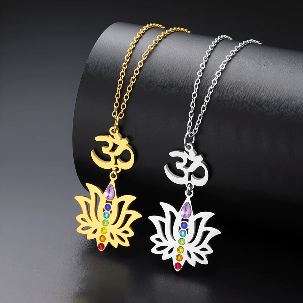 Gold Plated 7 Chakra Lotus Flower Necklace with Om Symbol Spiritual Yoga Jewelry Seven Colorful Zircon Lotus Flower Necklace Pi-Mart