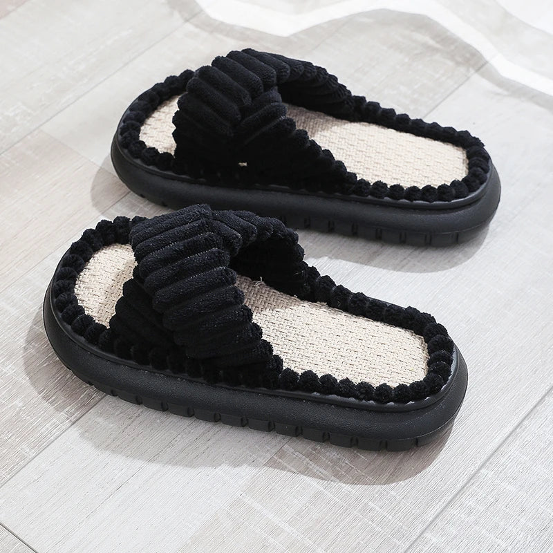 2024 Autumn Winter New Women Home Slippers Open-Toe Cross Band Linen Soled Indoor Slides Linen Soled Non-Slip Bathroom Slippers Pi-Mart