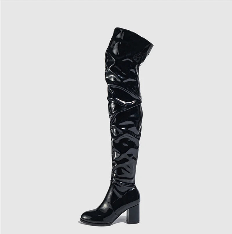 Hlieny 2026 Winter New Thigh High Boots Fashion Patent Leather Round Toe Zip Female Square Heels Pleated Design Women's Shoes Pi-Mart