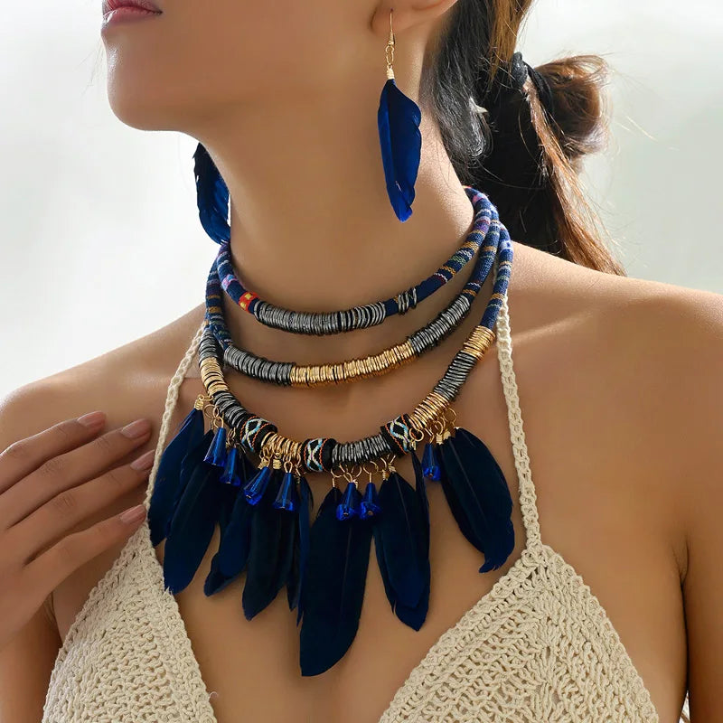 Fashion Vintage Ethnic Feather Choker Necklace Earrings Set For Women Multilayer Nekclace Earrings Jewelry Sets Pi-Mart