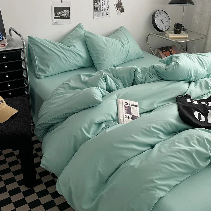 Washed Cotton Bed Linen Bedding Set 4 Pieces Bed Sheets Set Solid Color Comforter Cover Couple Queen King Size Bed Quilt Cover LadyShow.Store