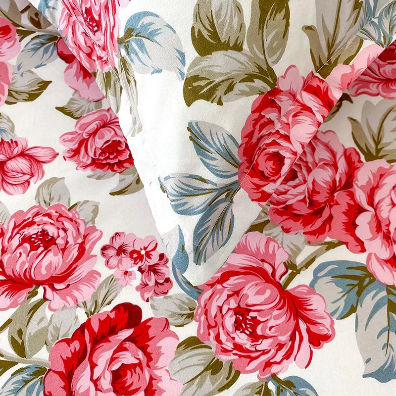 Red Flower Printed Bed Sheet Sets Queen/King Size sabanas cama matrimonial Reactive Printed Fitted Bedsheets for Double Bed LadyShow.Store