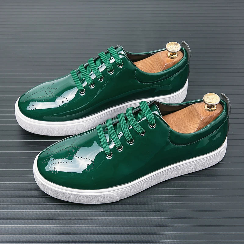 Spring Autumn Leather Shoes High Quality Patent Leather Casual Shoes Lace Up Sneakers Green Fashion Sole Designer Leather Shoes Pi-Mart