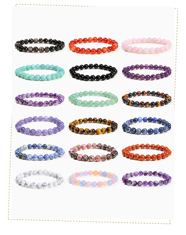 JD Natural Stone Beads Bracelet Amethyst Tiger Eye Crystal Quartz Agate Gem Beads Bangles Women Men Reiki Healling Jewelry Gift Pi-Mart