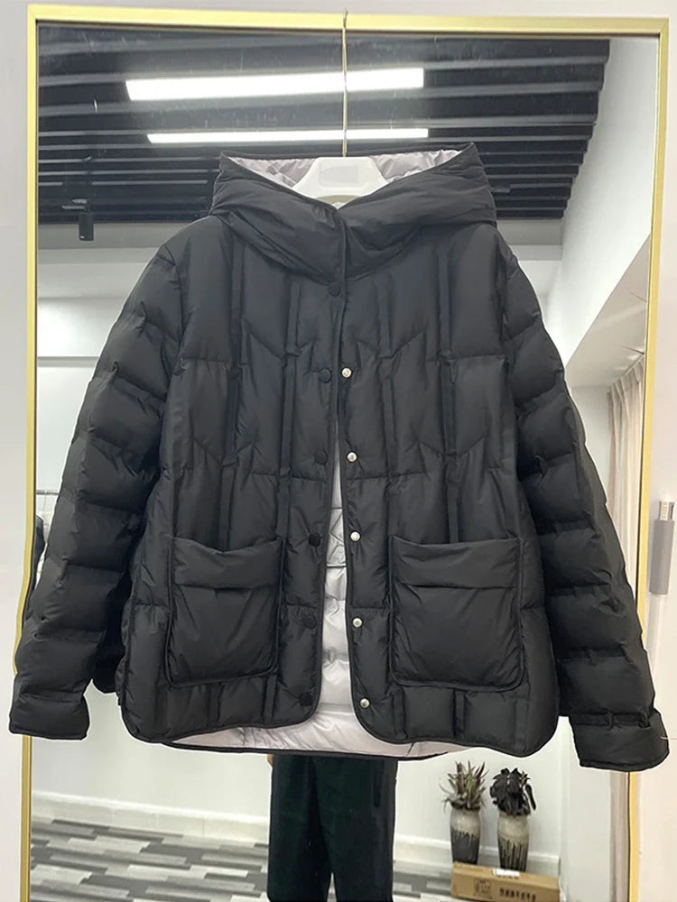 Winter Women 90% White Duck Down Coat Female Stand Collar Single-Breasted Puffer Jacket Casual Loose Hooded Parkas Coat Women LadyShow.Store