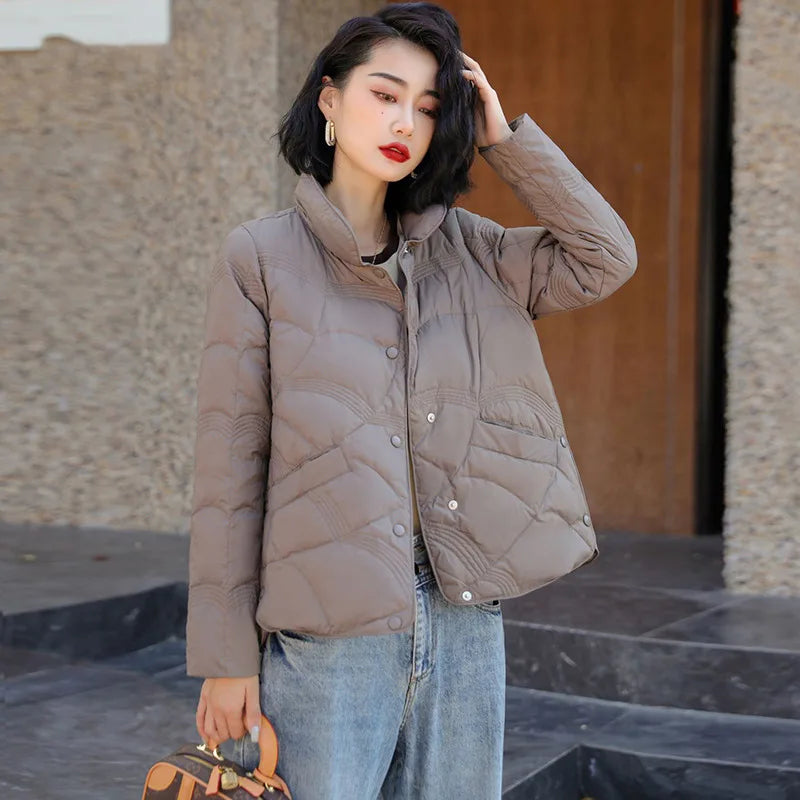 Women's Winter Short Down Jacket Stand Collar Plaid Solid White Duck Down Coat Lady Puffer Jackets  max mara пуховик JK-229 LadyShow.Store