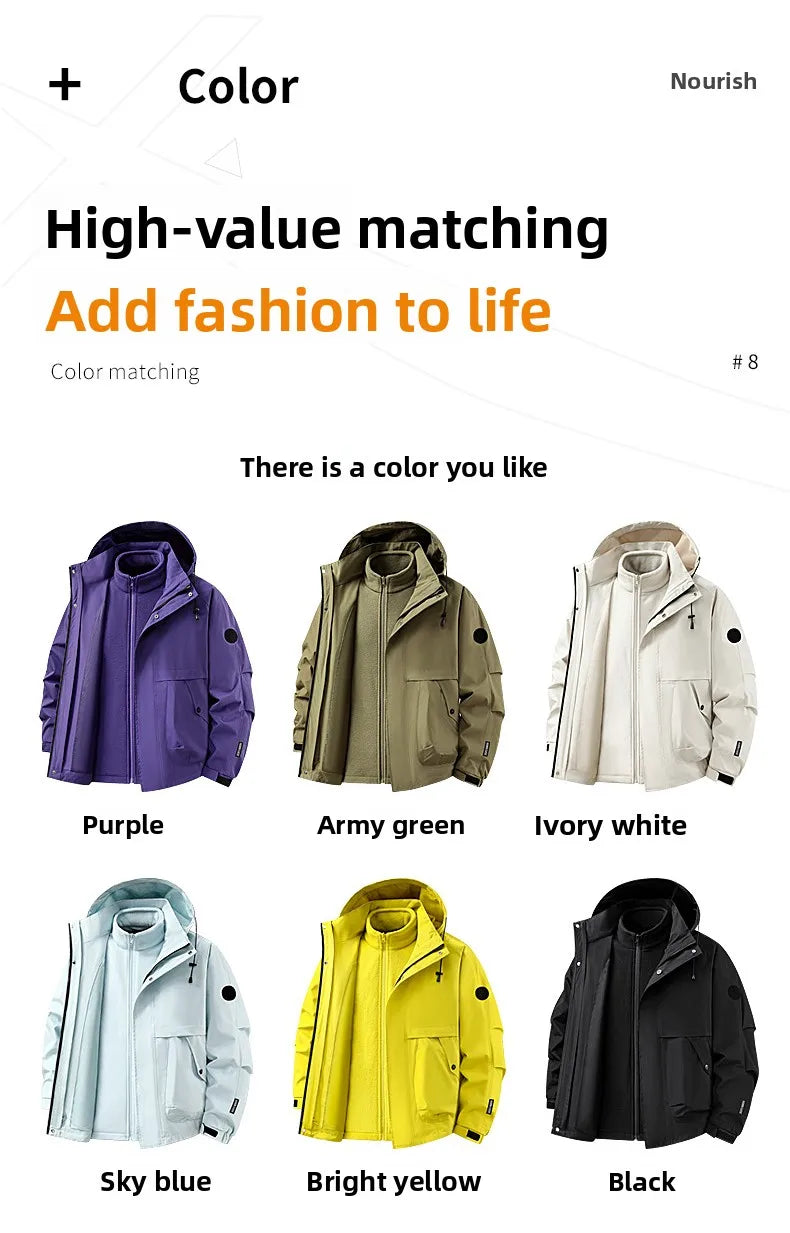 New Autumn and Winter Three in One Outdoor Jacket for Couples Warm Hooded Waterproof Two-piece Set Windbreaker Hiking Jacket Pi-Mart