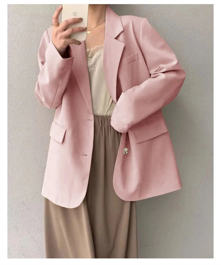 Mid Length Blazer Jacket Women Solid Long Sleeve Pocket Lapel Single Beasted Formal Coat Outerwear Loose Work Casual Blazers Pi-Mart
