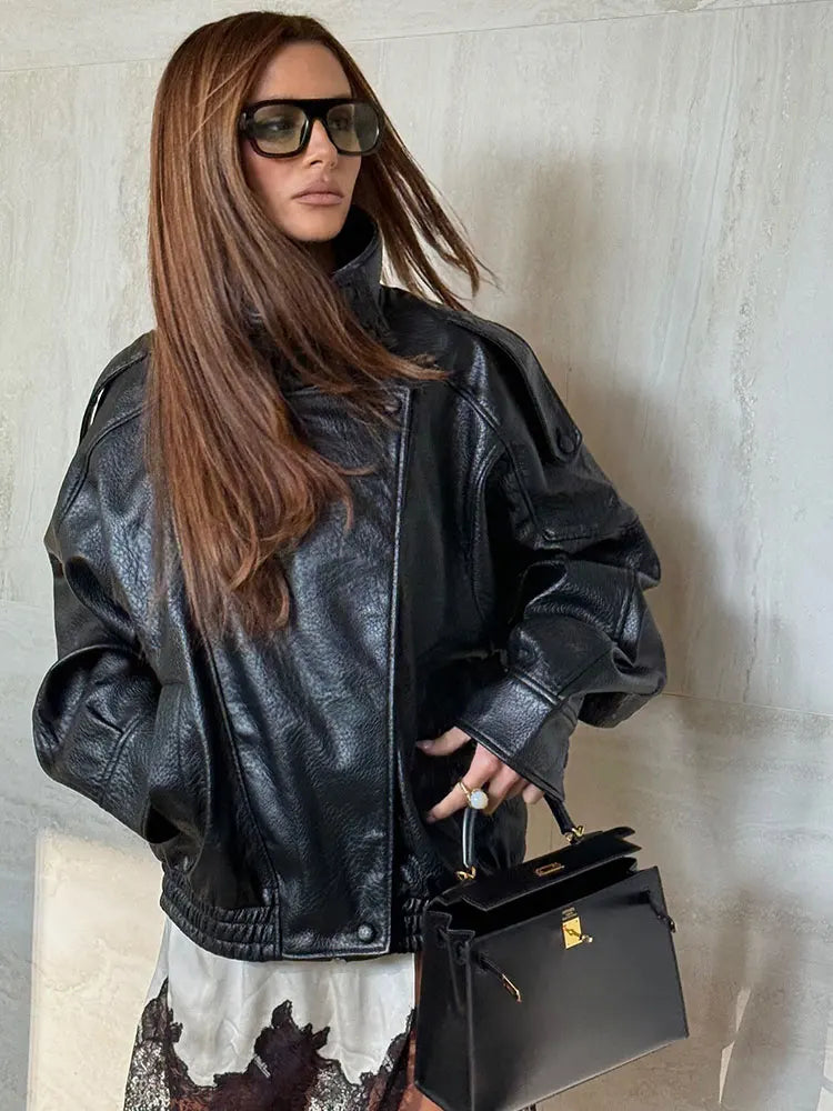 HH Autumn Faux Leather Jacket For Women Casual Solid Long Sleeve Zipper Pu Leather Coats New Fashion Female Streetwear Pi-Mart