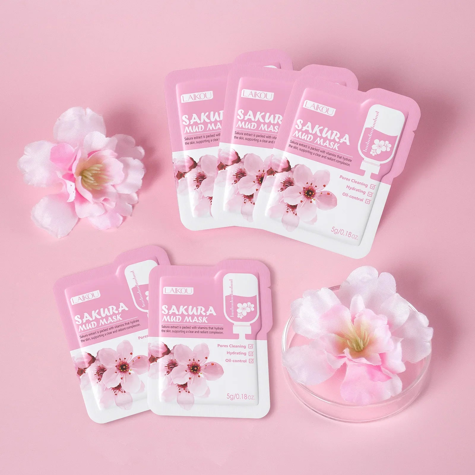 LAIKOU Japan Sakura Clay Mud Mask Hydrating Gentle Cleansing Refreshing Oil Balancing Daily Facial Skin Care Mask 5g Pi-Mart