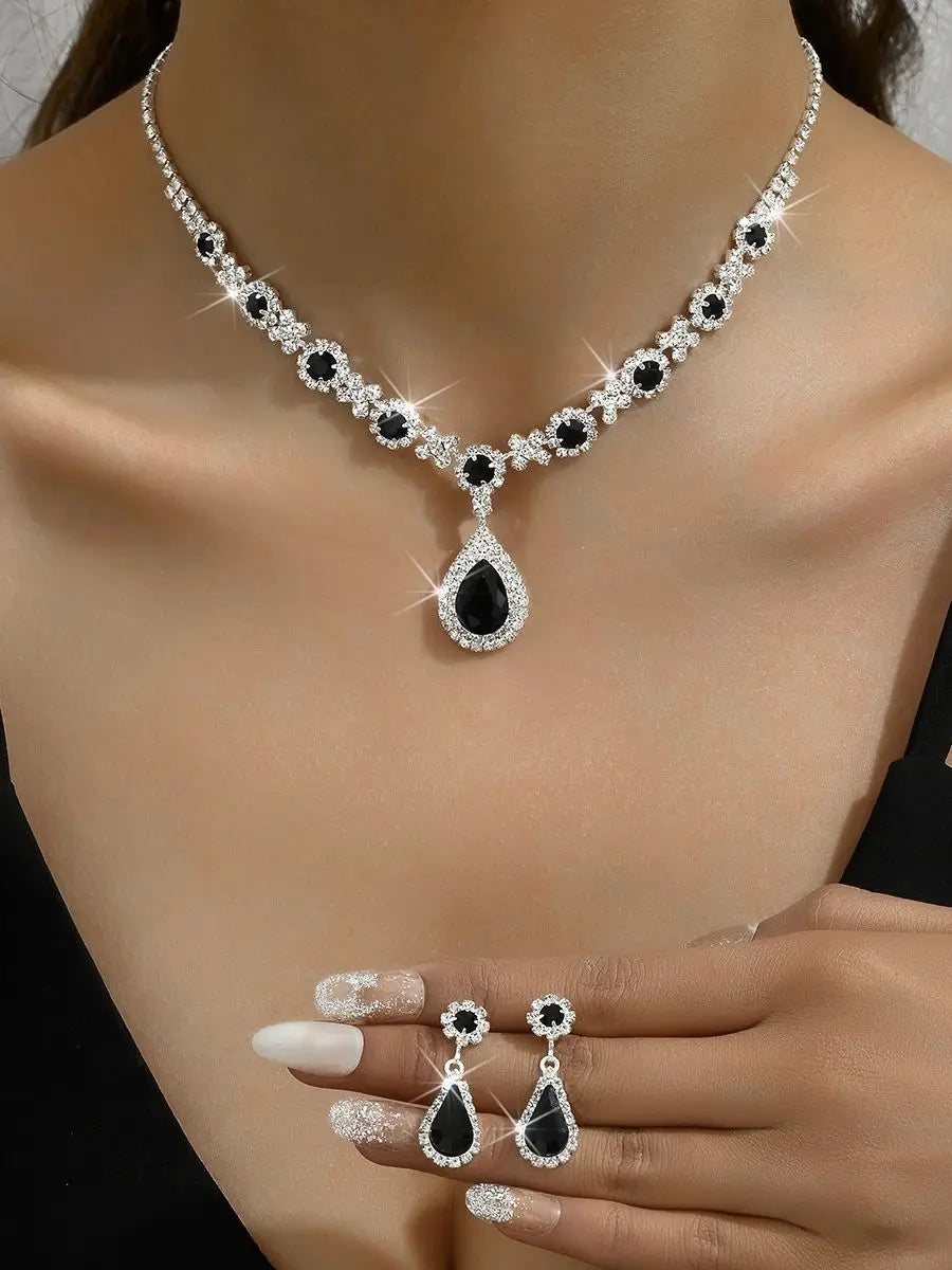 3 Pieces of Women's Crystal Droplet Necklace with Earrings Set for Wedding Evening Dress Accessories Pi-Mart
