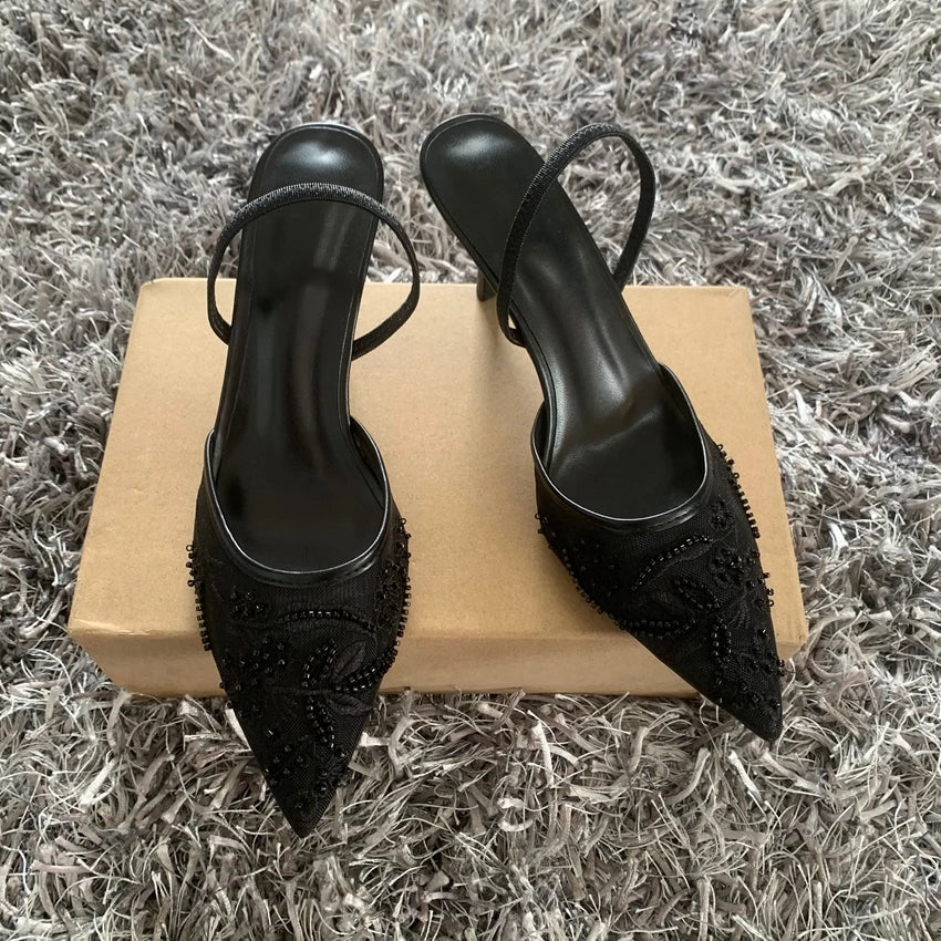 Black Embroidered Mesh Slingback High Heels Sandals for Women Designer Shoes Woman Elegant Style Wedding Party Pumps LadyShow.Store