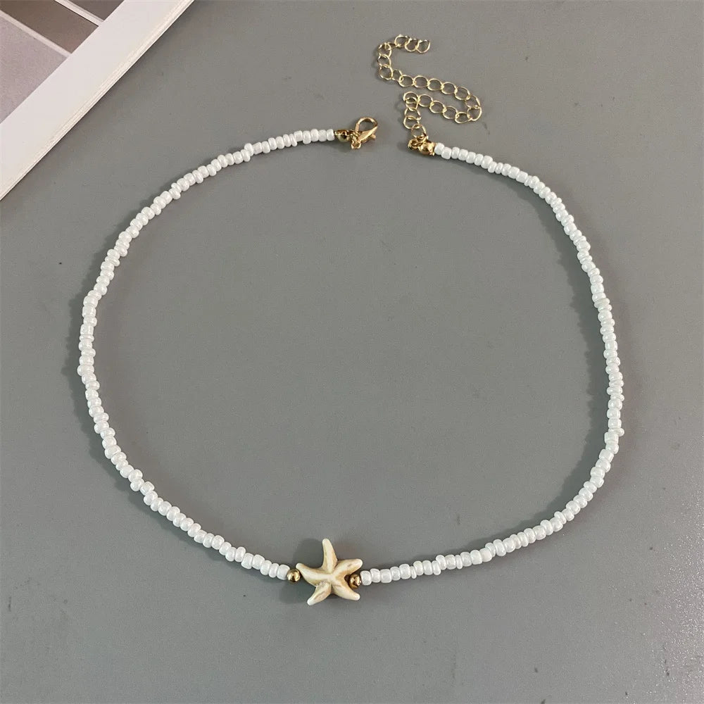 Shell Starfish Woman Short Necklace Summer Holiday Gift Handmade Choker  Seed Beads Neck Jewelry White Pi-Mart