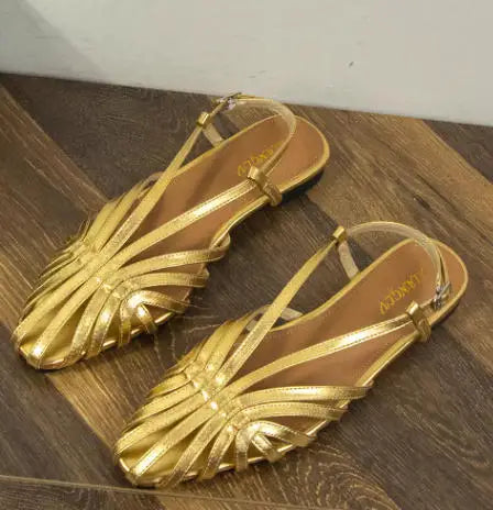 Women Plus Size Flat Gladiator Sandals Summer Sexy Luxury Gold Narrow Band Hollow Out Designer Brand Party Dress Shoes Sandalias LadyShow.Store
