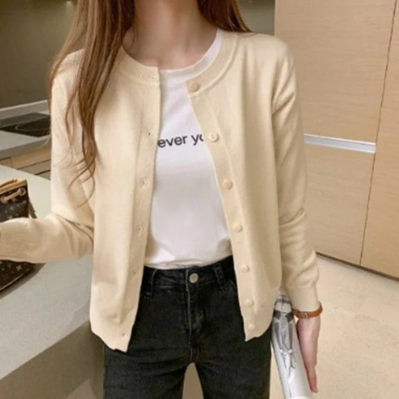 Rimocy Knitted Cardigan Jacket Women 2025 Spring Autumn Round Neck Casual Cardigans Woman Solid Color Slim Korean Jumpers Female LadyShow.Store