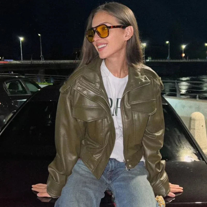 Women's Jacket Faux Leather Jacket Green Women's Demi-Season Jacket Outerwears Women's Autumn New In Coat Windbreaker Streetwear LadyShow.Store