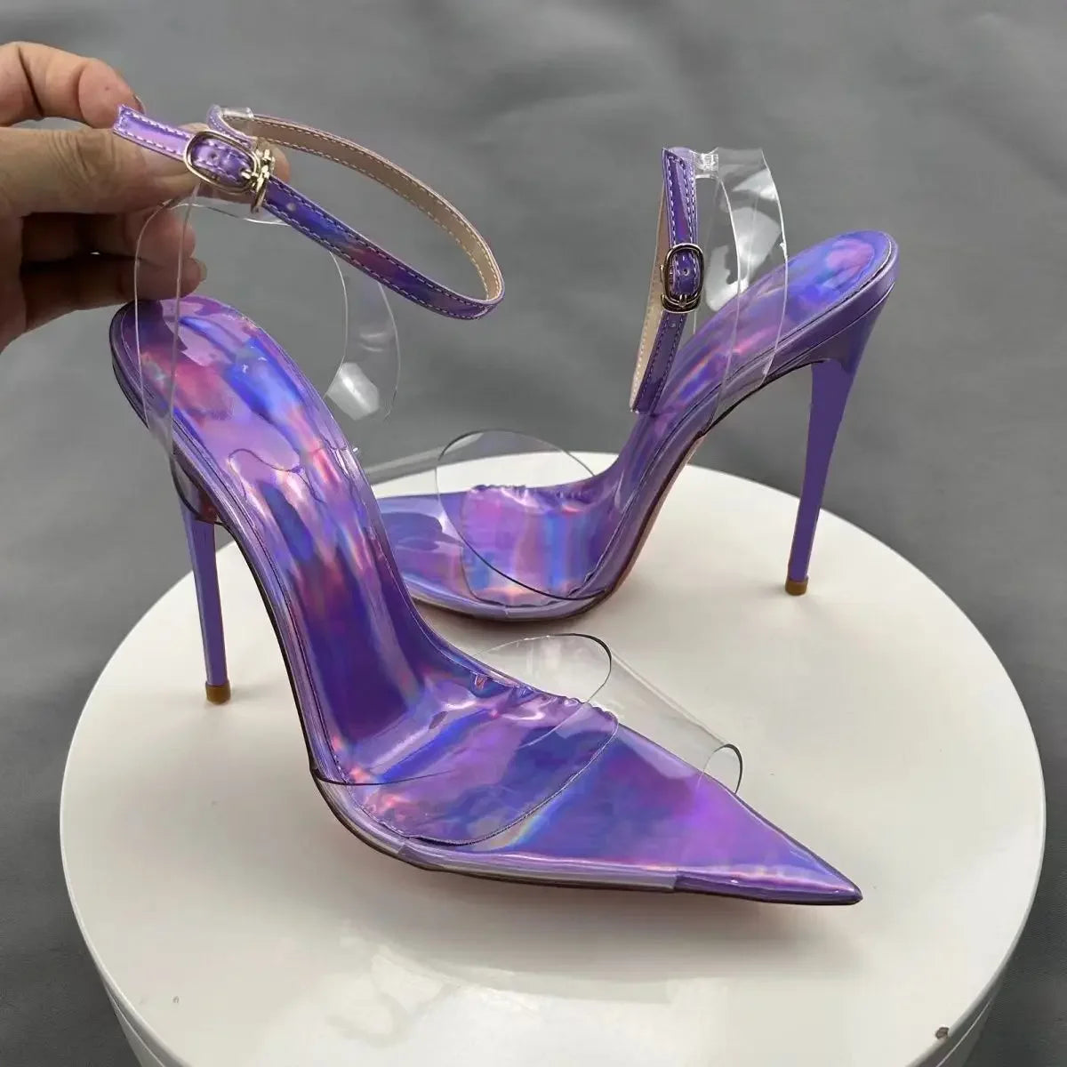 New European and American electric purple ultra soft transparent PVC sandals with straight stripes and slim heels, 12cm sexy Pi-Mart
