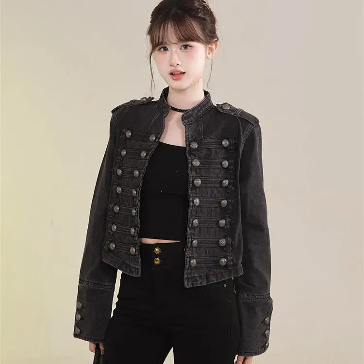 Women's American Retro Denim Military Inspired Cropped Jacket Long Sleeve Stand Collar Casual Motorcycle Coat LadyShow.Store