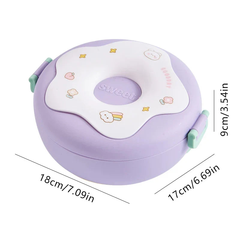 Lunch Box For Kid School Child Snack Box Donut Cartoon Leakproof Bento Box Lunch Bags With Fork Spoon 3 Compartment Microwavable LadyShow.Store