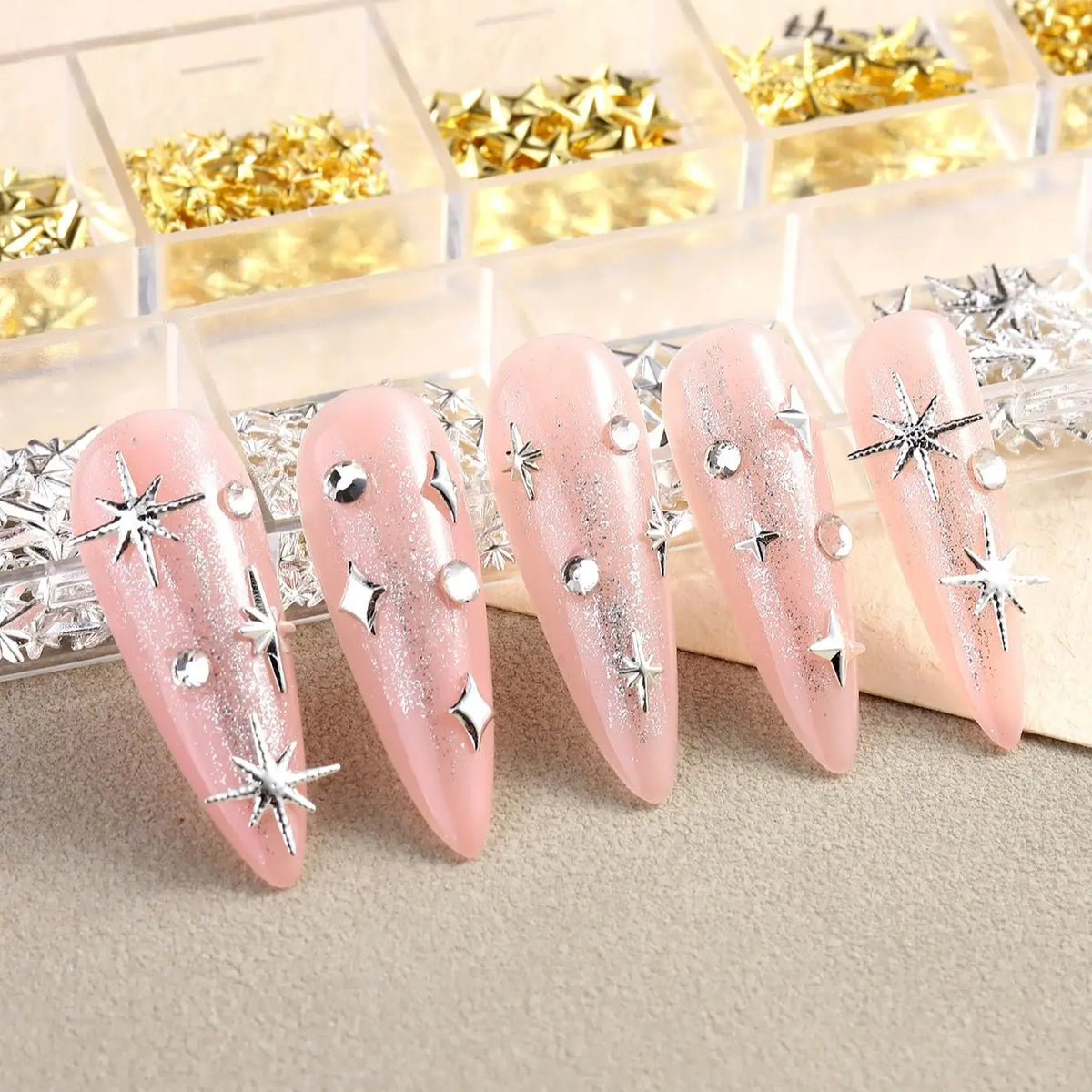 6/12Grids Gold Star Moon Metallic Rivet 3D Nail Charms Alloy Sun Moon Starlight Rhinestones Nail Studs For Nail Art Decoration Pi-Mart