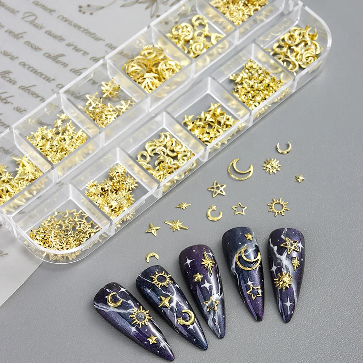 6/12Grids Gold Star Moon Metallic Rivet 3D Nail Charms Alloy Sun Moon Starlight Rhinestones Nail Studs For Nail Art Decoration Pi-Mart