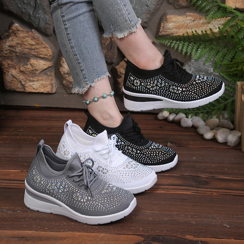 Women's Rhinestone Embellished Knit Mesh Wedge Sneakers, Adjustable Lace-Up Closure, Daily Walking Casual Footwear Pi-Mart