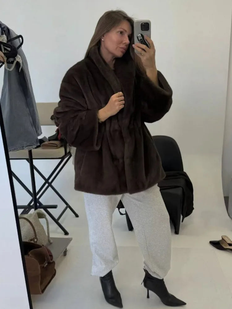 DFDG Women’s 2025 Autumn Winter Simple Casual Faux Mink Fur Coat Stand Collar Eco Plush Jacket Thickened Designer Outerwear Coat LadyShow.Store