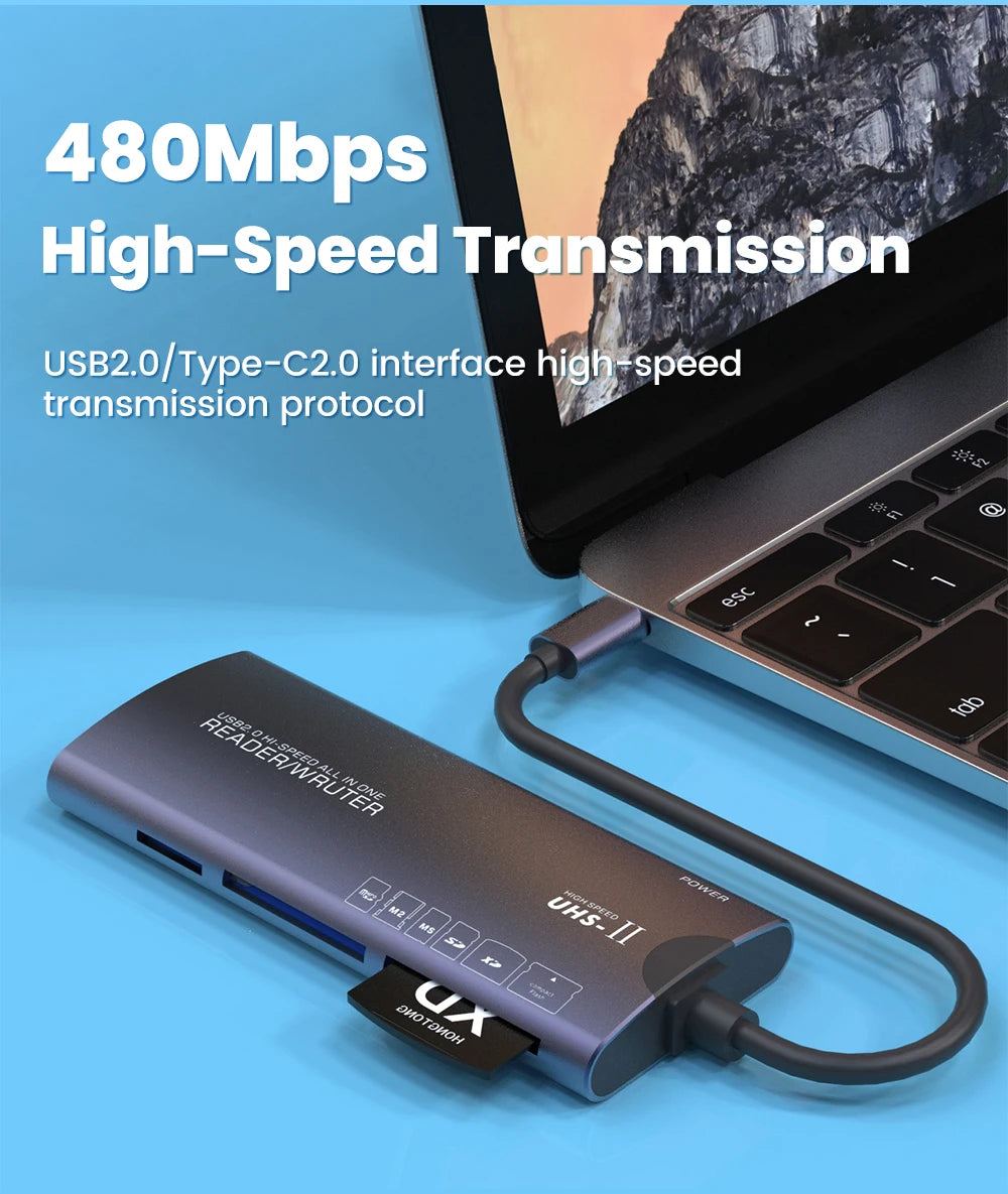 Elough 6 in 1 Card Reader SD TF XD CF M2 Memory Card Readers USB Adapter Type C High Speed Data Transfer Cardreader For Laptop Pi-Mart