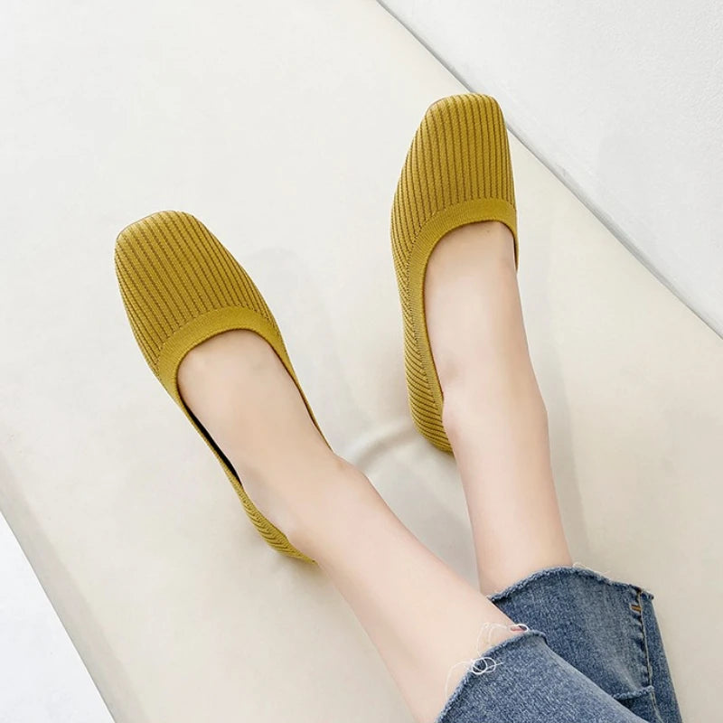 Women Leisure Flats Summer Autumn Flat Shoes Breathable Knitted Square Toe Slip-on Female Daily Walking Driving Loafers Pi-Mart