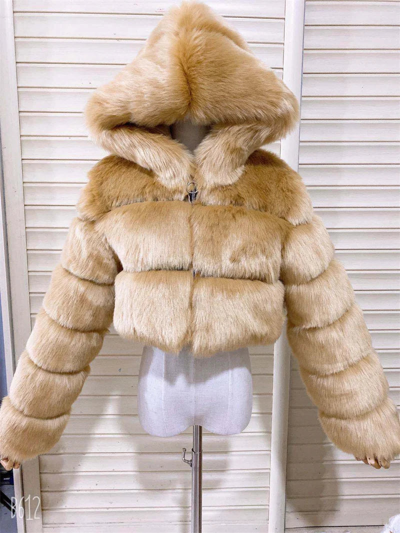 High Quality Furry Cropped Faux Fur Coats Jackets Women Fluffy Top With Hooded Winter Fur Jackets Fourrure Manteau Femme JH137 Pi-Mart