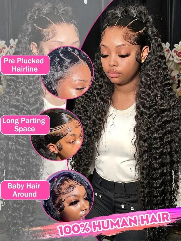 Deep Wave 44 Inch Curly 13x4 HD Transparent Lace Frontal Wigs Human Hair Front Wigs Pre Plucked With Natural Hairline For Women LadyShow.Store