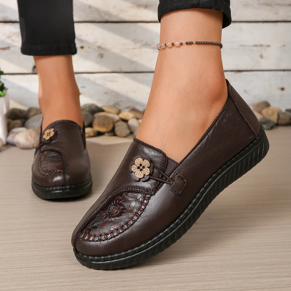 Women's Spring Autumn Leather Loafers Floral Embossed Slip‑On Flats Anti‑Slip Comfort Casual Mom Daily Walking Free Shipping Pi-Mart