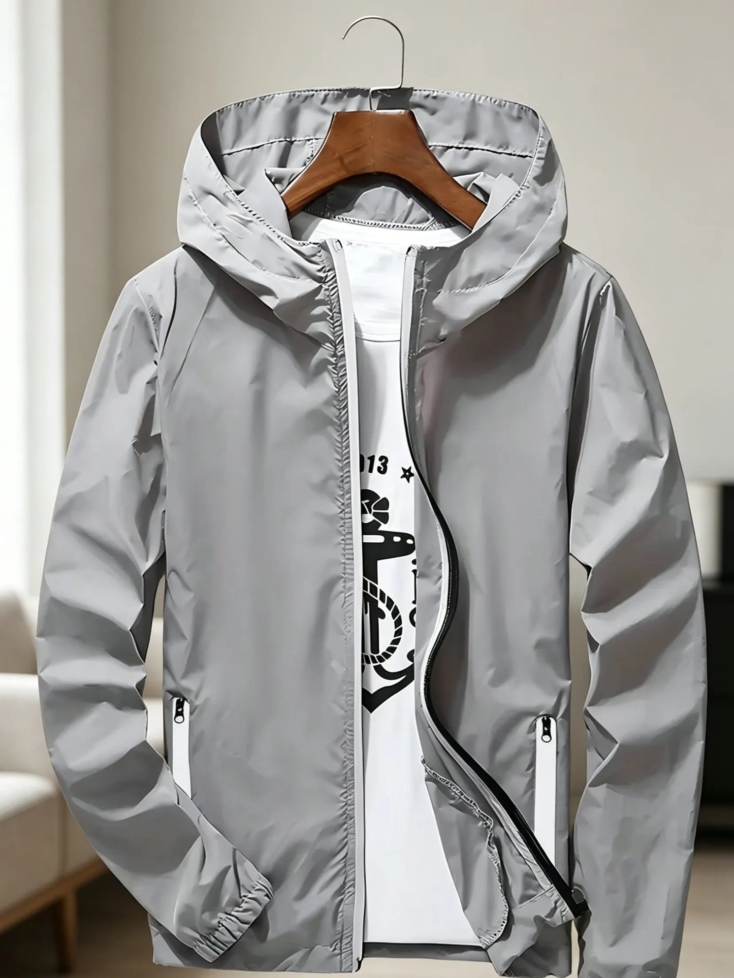 Men's Premium Lightweight Hooded Windbreaker, Quick-Dry Full-Zip Casual Jacket with Zipper Pockets for Street & Outdoor Wear LadyShow.Store