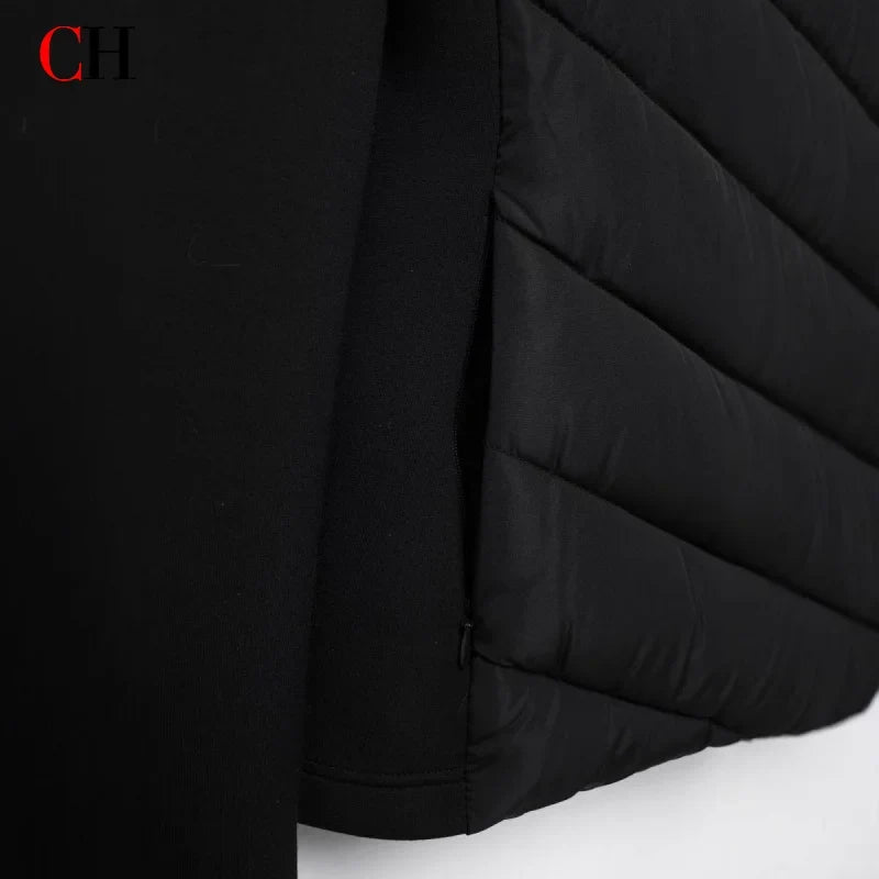 CH Womens Circular Chest Patch Badge Chevron Quilted Hooded Puffer Jacket Panel Sleeves Daily Commute Wear LadyShow.Store