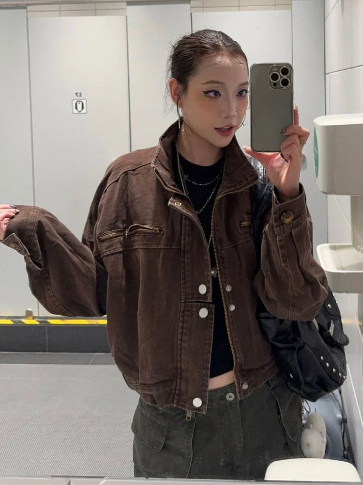 Subculture Harajuku Vintage Safari Coats with Hooded Women Zipper Sweatshirts Casual Streetwear Grunge Jacket Y2k Stand Neck LadyShow.Store