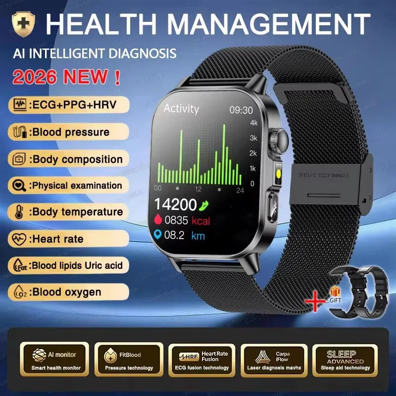 New Men Accurate Health Diagnosis ECG Smart Watch Blood Pressure Blood Oxygen Blood Fat Uric Acid Temp Bluetooth call Smartwatch Pi-Mart