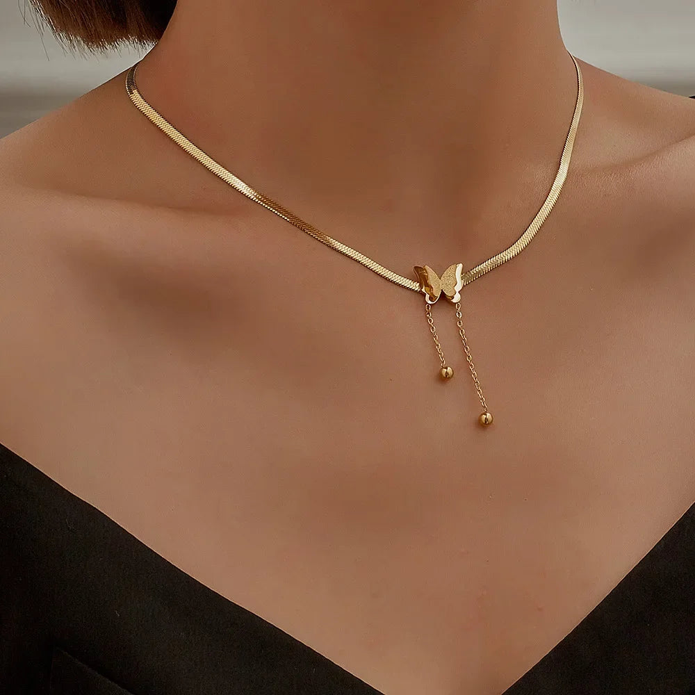 Vintage Butterfly Necklace Women Golden Stainless Steel Blade Snake Chains Aesthetic Charms Choker Women jewelry Gift To Mujer Pi-Mart